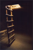 A wooden ladder partly lit inside a dark opening